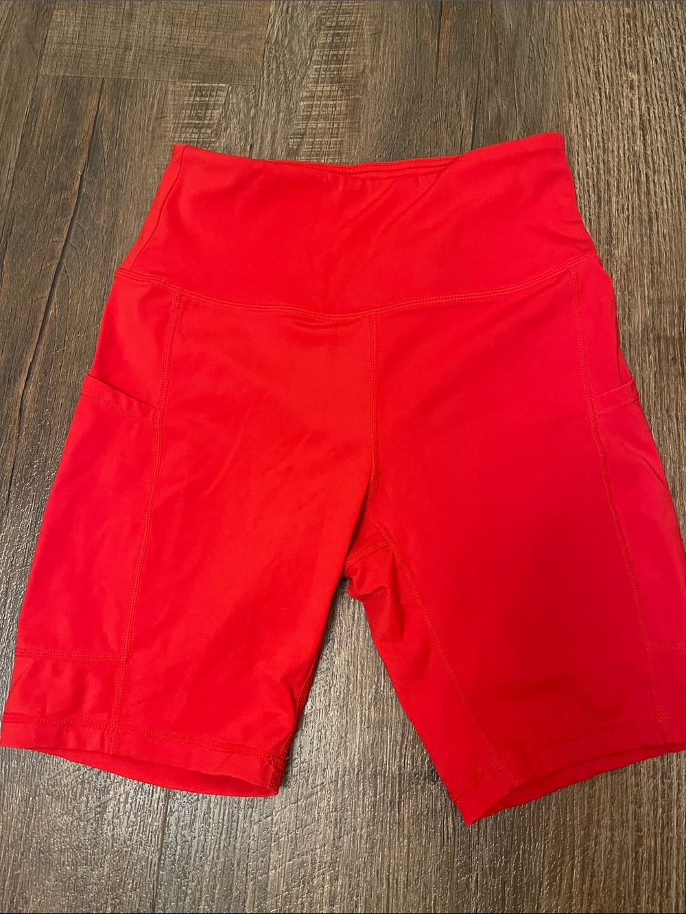 High-Rise Red Women’s Bike Shorts with Side Pockets
